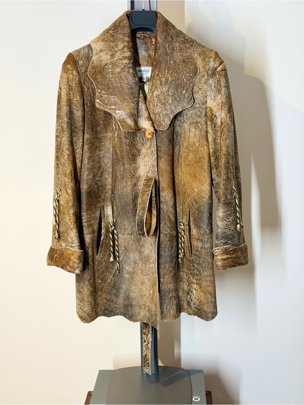 Vintage-Inspired Brown Suede Coat with Braided Details